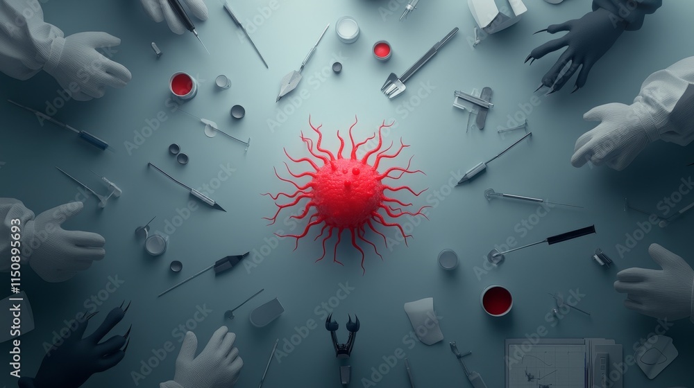 Poster red virus surrounded by scientific tools and utensils on a gradient background, representing medical