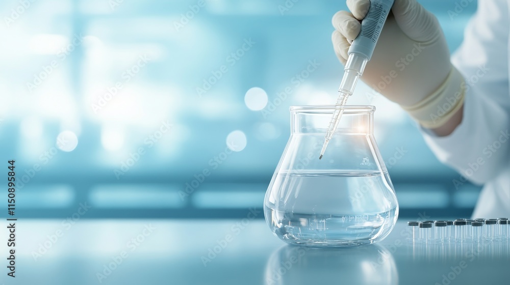 Aufkleber close-up of a scientist using a pipette to add liquid to a clear flask in a bright laboratory settin