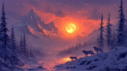 Majestic wolves silhouetted against a vibrant sunset and snowy mountain range.