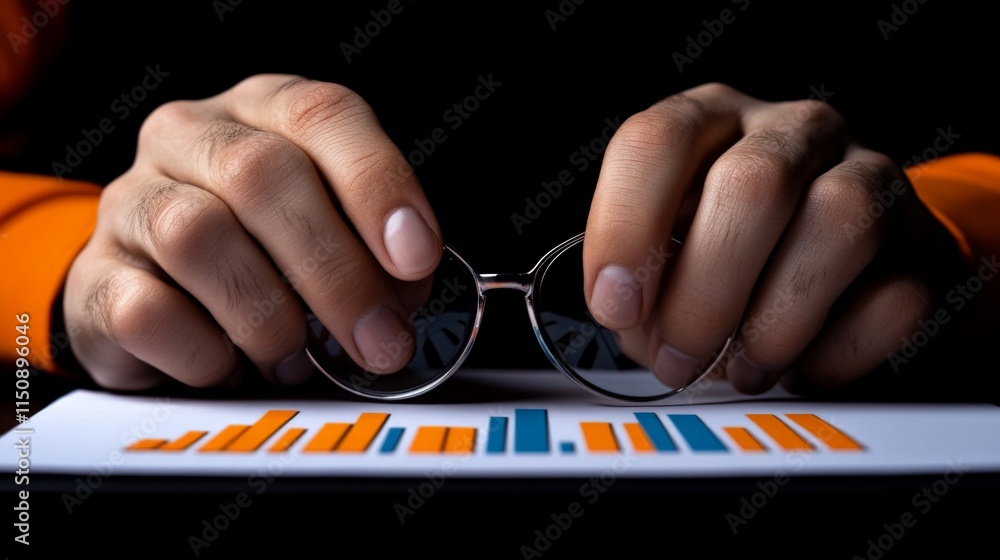 Poster analyzing the data: a pair of hands meticulously examines a financial report, the reflection in the 
