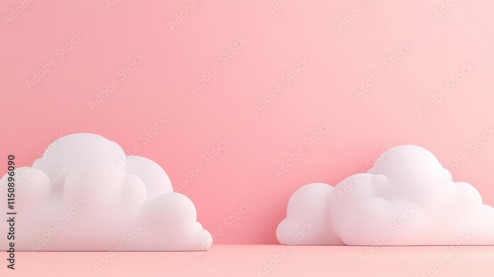 Poster a serene scene featuring fluffy white clouds against a soft pink background, creating a calming and 