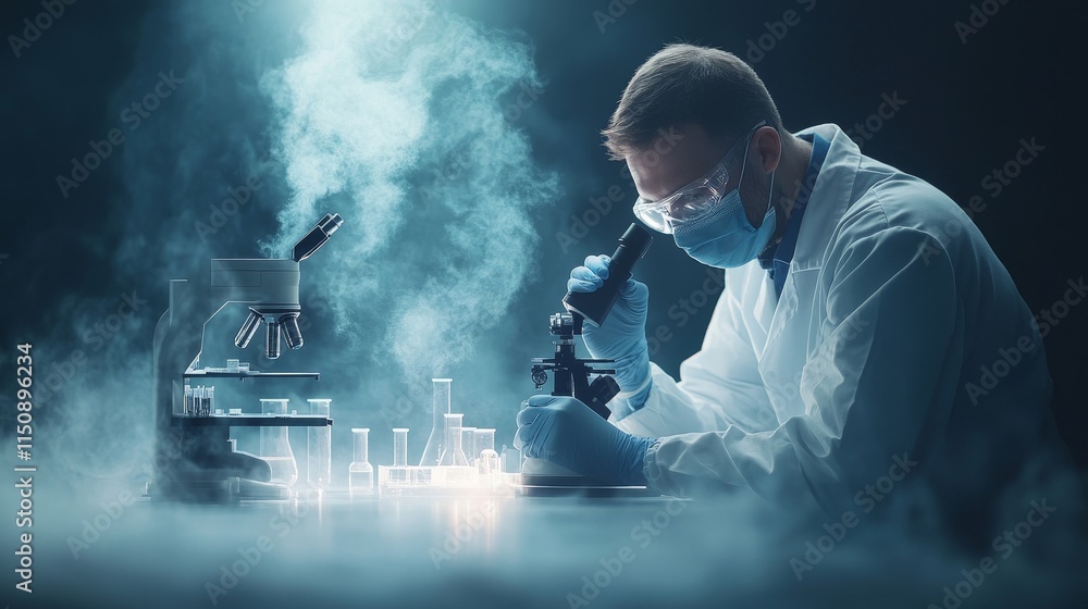 Poster scientist in laboratory using microscope surrounded by laboratory equipment in atmospheric fog, cond