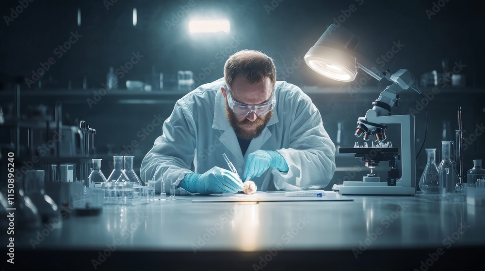 Poster focused scientist conducting research in laboratory, using microscope under dramatic lighting, explo