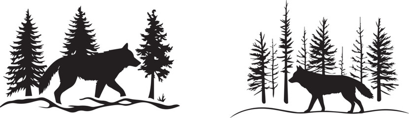 Silhouette of a wolf walking through the snow, snowy forest vector silhouette
