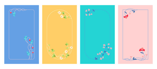 Postcards set with flower frame vintage template. Hand drawn herbs, flowers, berries frame template background. Elegant banner, wedding card, poster invitation, cover modern illustration vector design