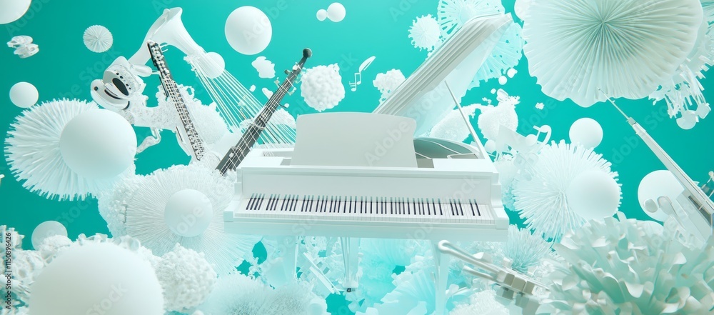 Poster white musical instruments float in teal abstract background.