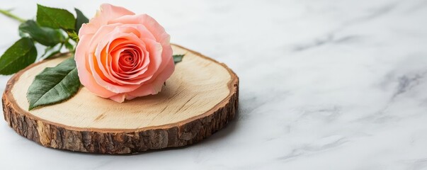 Minimal rose concept. A delicate peach rose placed on a rustic wooden slice against a marble background.