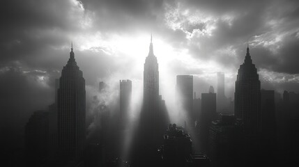 Fototapeta premium Sunbeams pierce cloudy cityscape, illuminating skyscrapers.