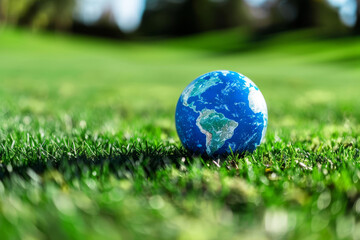 Earth Day concept. Miniature planet Earth on green grass against blurred background, close up