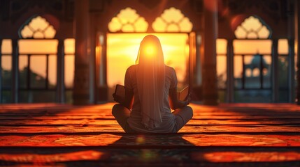 Woman meditating in mosque at sunset, holding holy book.