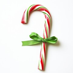 A candy cane tied with a small green bow on a white background