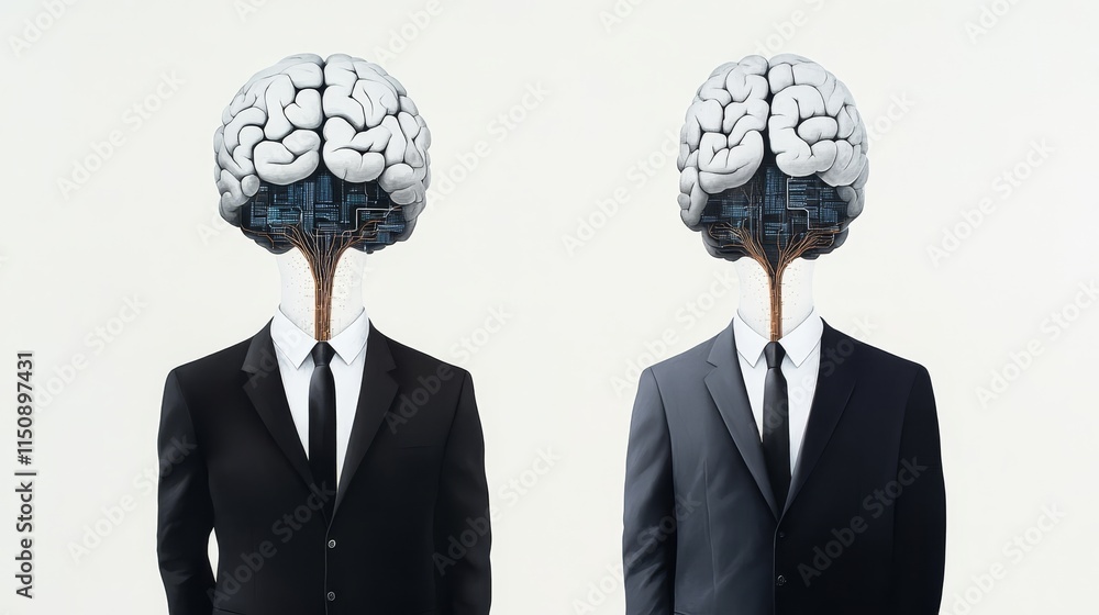Aufkleber conceptual representation of human intelligence merging with technology, featuring business figures 