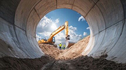 Heavy machinery operating in a construction site, showcasing excavation and laying of concrete pipes under a bright sky with clouds and two workers observing the process.