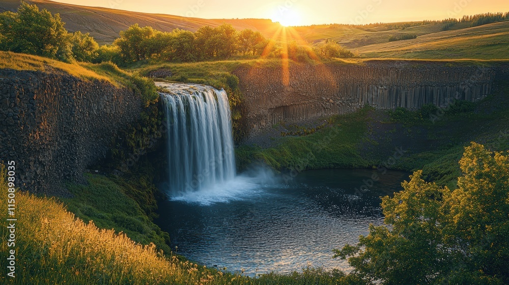 Poster a waterfall is surrounded by trees and a lake. generative ai