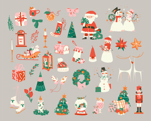 Fototapeta premium Christmas elements set with Santa character, snowman, Christmas tree, gifts, Christmas and New Year decor, balls, snowflakes. Vector illustration