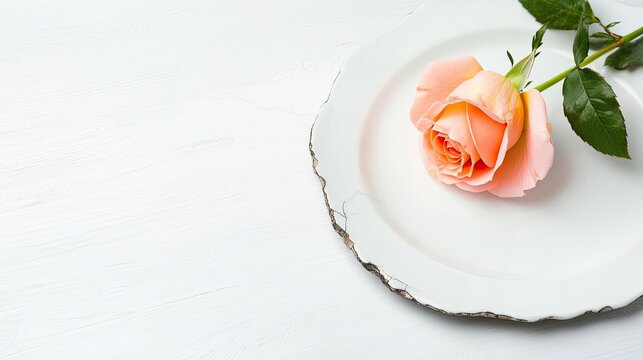 Minimal rose idea. A delicate pink rose placed on a white plate, symbolizing elegance and beauty.