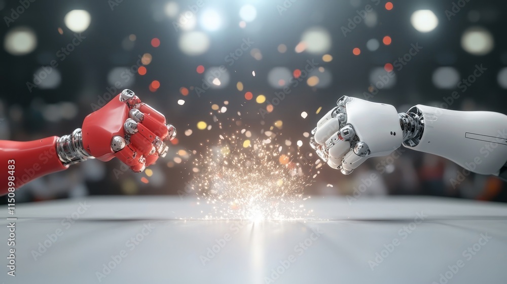 Poster futuristic clash of two robotic arms creating sparks in an electrifying atmosphere of competitive en