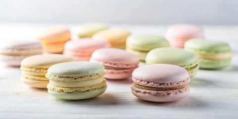 Obraz premium A delightful assortment of pastel-colored macarons, delicately arranged on a white wooden surface, showcasing their exquisite texture and vibrant hues.