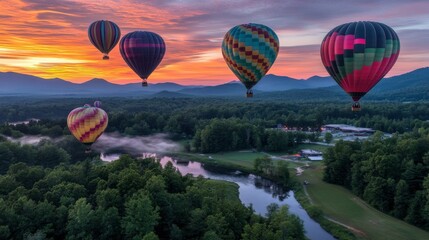 Naklejka premium Colorful Hot Air Balloons Floating Over Lush Green Forest and River During Vibrant Sunset Sky in Scenic Mountain Landscape