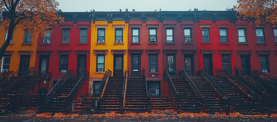 Colorful row houses with autumn leaves on the ground in a misty setting.