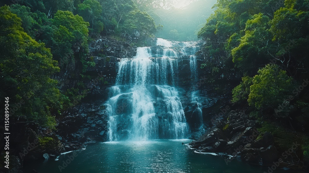 Poster a waterfall is flowing into a lake surrounded by trees. generative ai