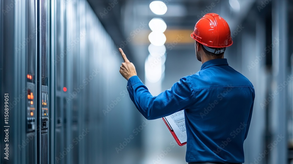 Aufkleber engineer in safety helmet checking electrical control panel in modern data center with server racks 