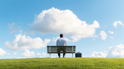 Man Sitting on Bench in Open Field Contemplating Future with Briefcase Beside Him Under Bright Blue Sky and White Clouds