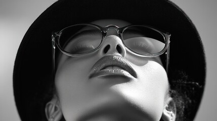 Woman's face, sunglasses, hat, monochrome, serene. © Ali