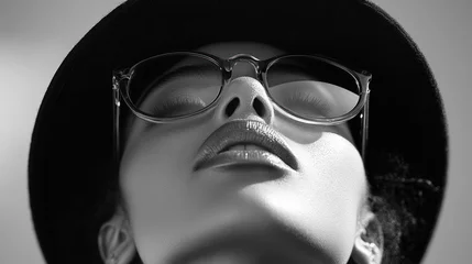 Woman's face, sunglasses, hat, monochrome, serene. © Ali