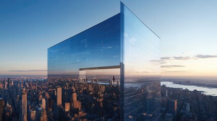 Modern glass skyscraper reflecting city skyline at sunset.