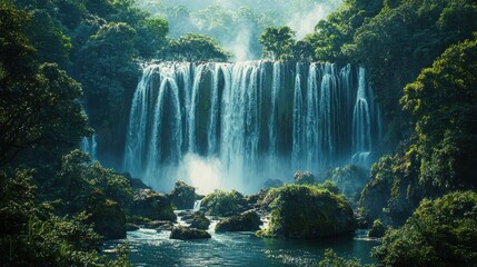 A waterfall is surrounded by lush green trees and a body of water. Generative AI