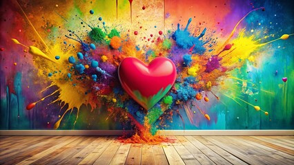 A vibrant red heart exploding with colorful paint splatters on a textured wall, creating a joyful and energetic abstract art piece in an empty room