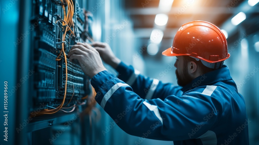 Aufkleber skilled technician in safety helmet working on control panel with wires and circuitry in industrial 