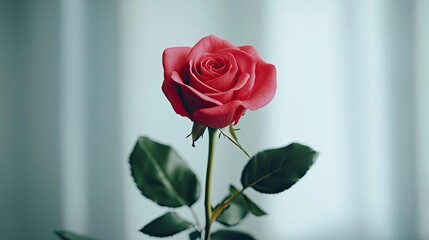 Fototapeta premium Minimal rose concept. A beautiful pink rose with delicate petals, symbolizing love and beauty indoors.
