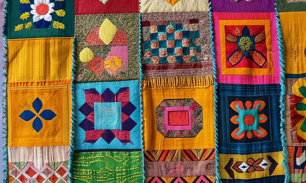 Colorful patchwork quilt with various intricate patterns and designs