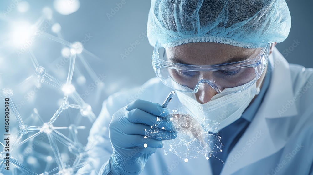Aufkleber research scientist in lab analyzing molecules with digital interface, modern laboratory setting with