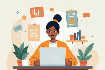 A clean vector of a remote worker at a desk, surrounded by floating icons like task lists, calendars, charts, and email notifications
