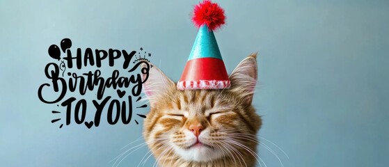 Adorable Ginger Cat Celebrates Birthday with Party Hat and Happy Birthday To You