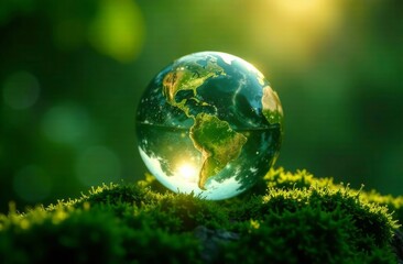 A crystal globe depicting Earth rests on lush green moss. Sunlight filters through the trees, illuminating the globe's intricate details. The scene evokes a sense of harmony with nature.
