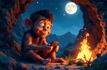 In a cave at night, a young creature with large ears sits barefoot by a glowing campfire.
