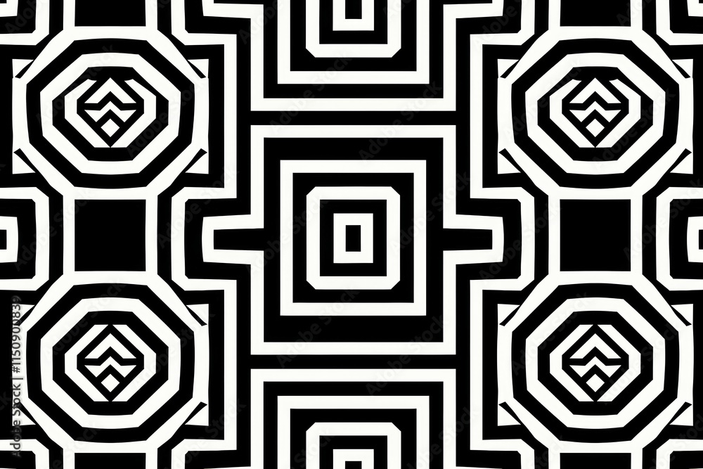 Poster the design features a striking arrangement of alternating concentric squares and circles. the black 