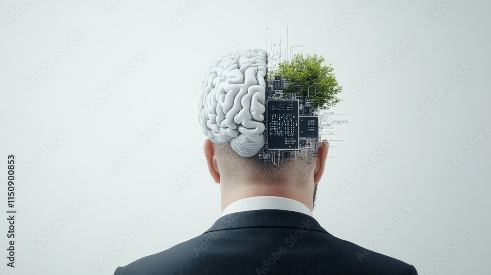 Poster conceptual image of businessman with brain and technology blending nature and innovation showcasing 