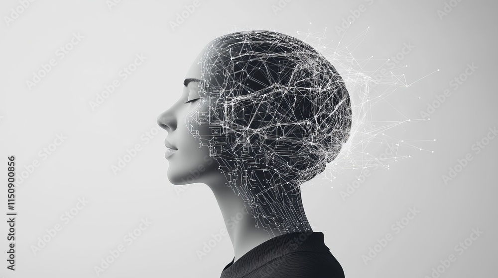 Poster futuristic woman portrait with digital neural connections concept representing artificial intelligen