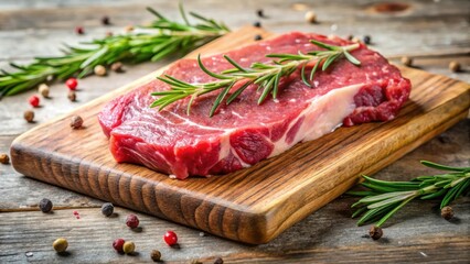 A close-up shot of a fresh raw beef sirloin steak on a cutting board with rosemary sprigs and other herbs, highlighting the marbling and texture of the meat , cutting board, herbs