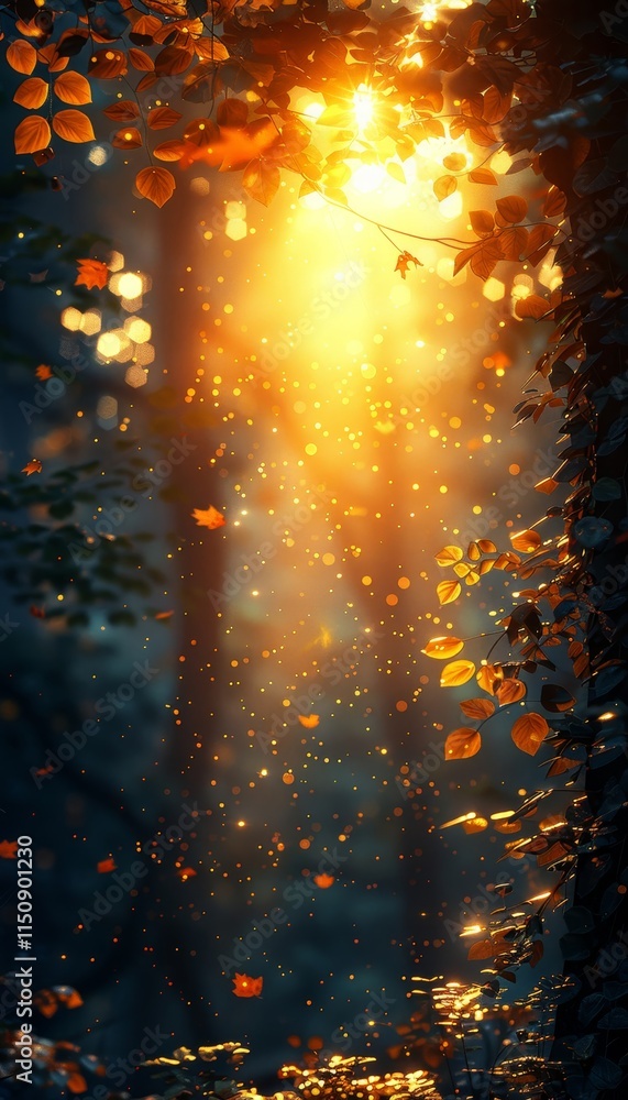 Poster sunlight streams through the canopy, illuminating floating particles and colorful leaves in a serene