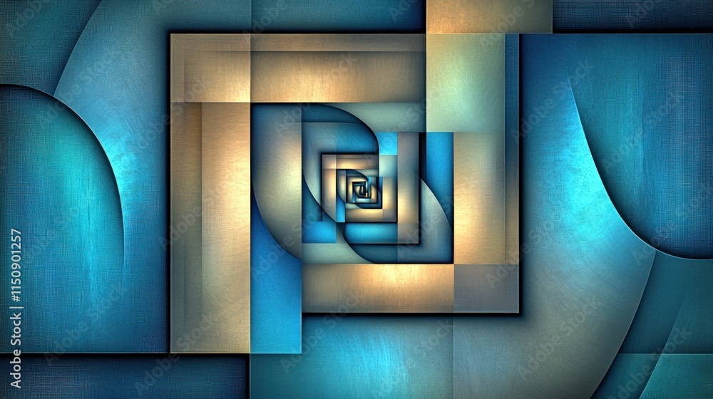 Poster abstract geometric artwork with layered squares in blue and gold tones, creating depth and symmetry.