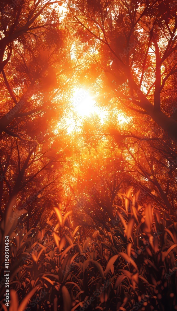 Poster golden rays of sunlight stream through the branches of towering trees, creating a magical atmosphere