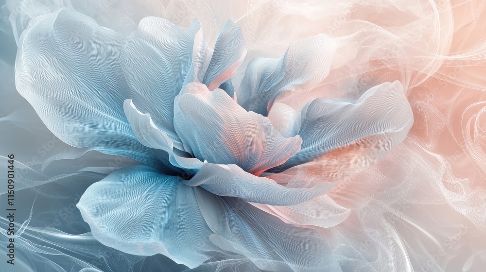 Poster a single, abstract flower pattern on 3d wallpaper, with soft steam curling up from the base, adding 