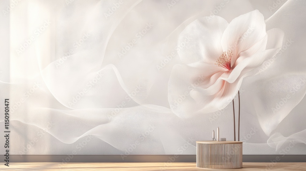 Poster a single, abstract flower pattern on 3d wallpaper, with soft steam curling up from the base, adding 