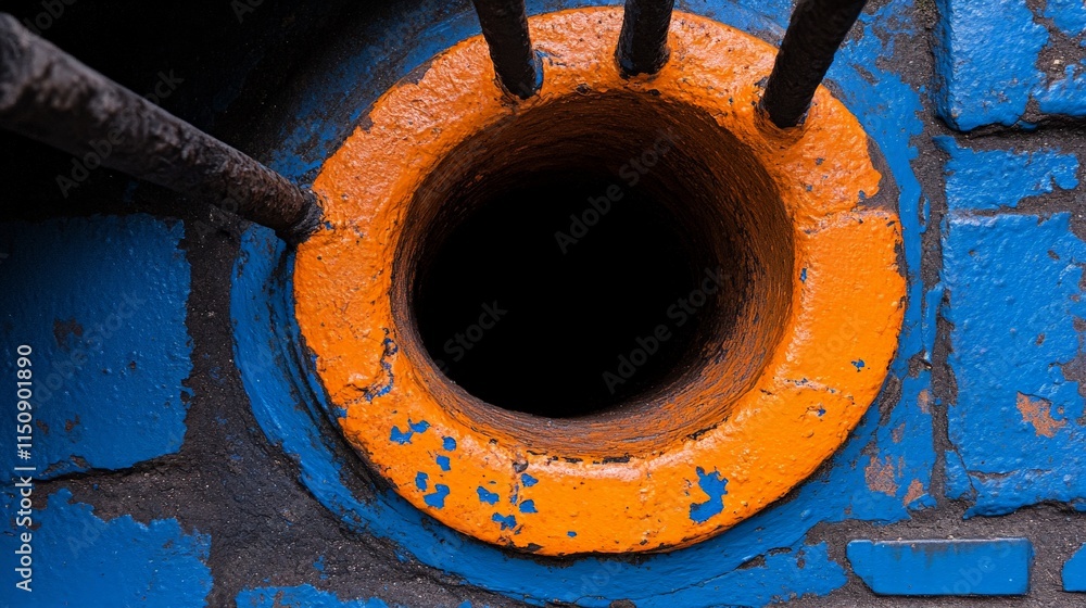 Poster circular orange and blue: a close-up of an orange circle painted on a blue surface, creating a strik